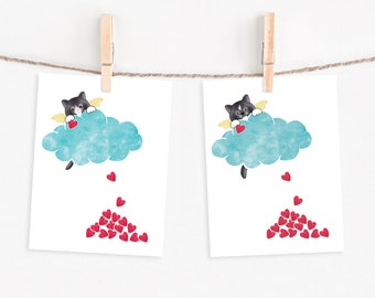 Black Cat (white markings) - Cat Heaven Sympathy Card: (2 versions to choose from) Loss of Pet, Wildflower Seed Paper Hearts included