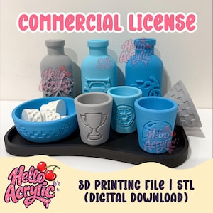 May include: A collection of 3D printed items including three bottles, three cups, and a bowl in shades of blue and grey. The items feature embossed designs of a trophy, a wheel, a motorcycle, and a car. The text "COMMERCIAL LICENSE" and "3D PRINTING FILE | STL (DIGITAL DOWNLOAD)" is visible.