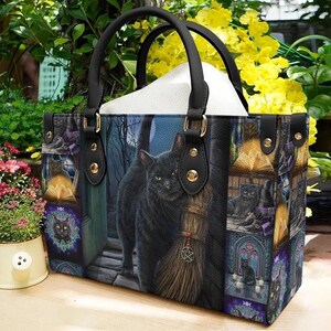 Black Cat Shoulder Bag, Black Cat Leather Tote Bag, Black Cat PU Leather Handbag, Black Cat Purse, Black Cat Leather Handbag, Black Cat Bag