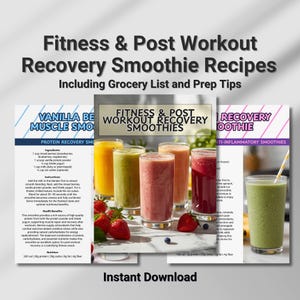 Puede incluir: Imagen promocional de recetas de batidos para la recuperación después del entrenamiento y el fitness. La imagen presenta varios vasos de batidos coloridos, bayas frescas y tarjetas de recetas con texto como "Fitness & Post Workout Recovery Smoothies".