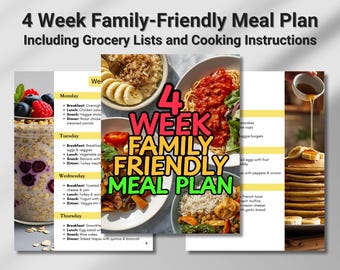 Printable 4 Week Family Friendly Meal Plan & Grocery Lists, Healthy Recipes for Kids and Adults (Digital Download)