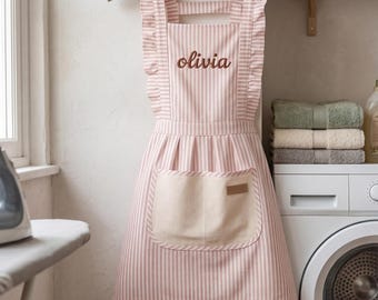 Grembiule a righe personalizzato con tasche, abbigliamento da cucina ricamato per pasticceria, grembiule personalizzato per donna, regalo unico per chef, pasticceri, regalo per lei