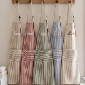 女性用名入れエプロン、名前入りカスタムキッチンエプロン、ポケット付きストライプエプロン、調節可能なストラップ付き大人用エプロン、母の日ギフト