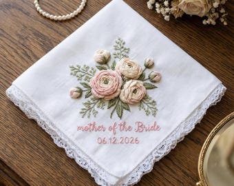 Pañuelo de boda bordado personalizado, regalo para la madre de la novia, pañuelos personalizados para mujer, pañuelo para los padres de la novia, detalle de boda.