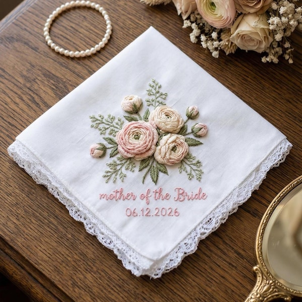 Besticktes Hochzeits-Taschentuch, Besticktes Hochzeits-Taschentuch, Geschenk für Mutter der Braut, Besticktes Hochzeits-Taschentuch