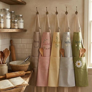 Delantal a rayas personalizado con bordado personalizado, delantal a rayas personalizado con bolsillos, delantal de cocina con diseño floral y nombre, regalo de chef para ella.
