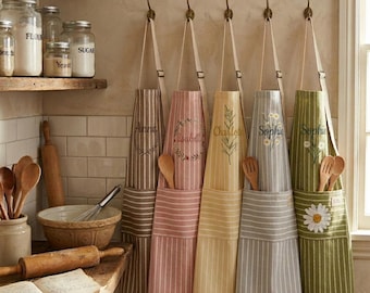 Custom Striped Apron With Custom Embroidery, Custom Striped Apron With Pockets, Floral Name Design Kitchen Gardening Apron,Chef Gift For Her