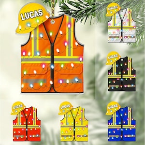 Personalized Construction Worker Ornament, Safety Vest, Hard Hat, Engineering Christmas Ornament