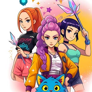 Può includere: Illustrazione digitale con tre donne in stile anime con capelli colorati, che tengono in mano armi fantasy. Un gatto blu con occhi gialli è in primo piano. La parola "HUNTRAX" è in alto. Le donne indossano abiti alla moda.