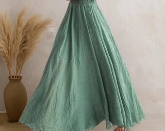 Falda larga de algodón y lino para mujer – Falda boho plisada de talle alto y corte en A, estilo casual y elástico