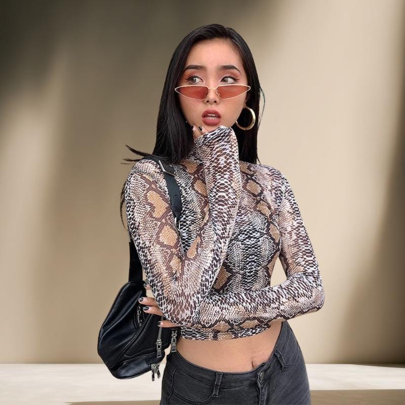 Women's Green Snake Print Mesh Top – Sheer Long Sleeve Snakeskin