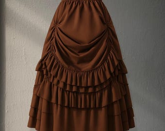 Vintage Brown High-Waisted Victorian Maxi Skirt – Elegant Ruffled Steampunk Gothic Skirt, Medieval-Inspired Costume Outfit