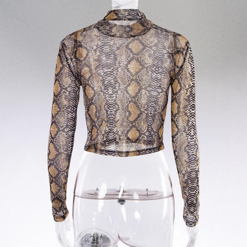 Women's Green Snake Print Mesh Top – Sheer Long Sleeve Snakeskin