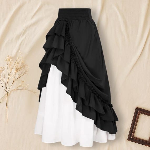Renaissance Style Double-Layer Maxi Skirt with Ruffles and Elastic Waist