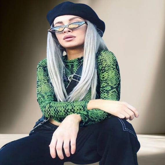 Women's Green Snake Print Mesh Top – Sheer Long Sleeve Snakeskin