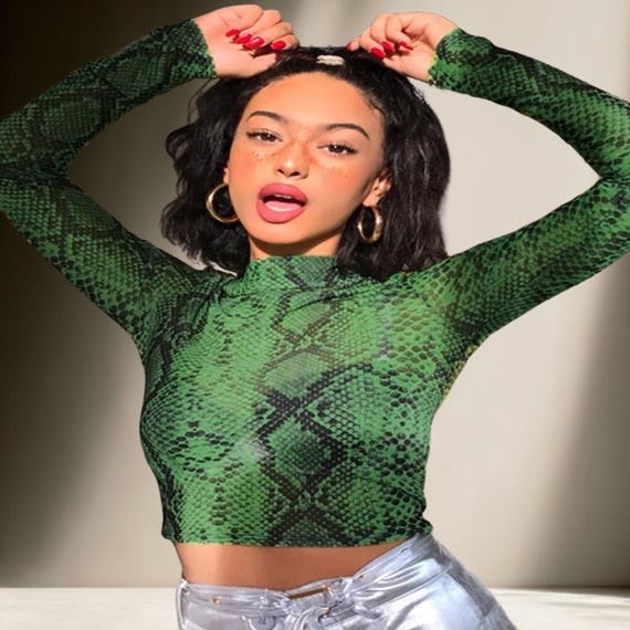 Women's Green Snake Print Mesh Top – Sheer Long Sleeve Snakeskin