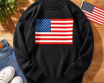 メンズ アメリカ国旗ニットセーター、カジュアルクルーネックプルオーバー、秋のファッション、快適な愛国的な服装、彼へのトレンディなギフト