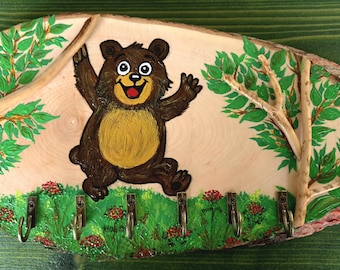 Rustic Handmade Wall, Entryway Organizer, Wooden Bear Key Holder