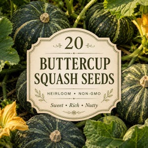 Może przedstawiać: Kremowa etykieta z ciemnozielonym napisem 20 BUTTERCUP SQUASH SEEDS, HEIRLOOM, NON-GMO, Sweet, Rich, Nutty, umieszczona na tle ciemnozielonych, pasiastych dyń buttercup oraz żółtych kwiatów w ogrodzie.