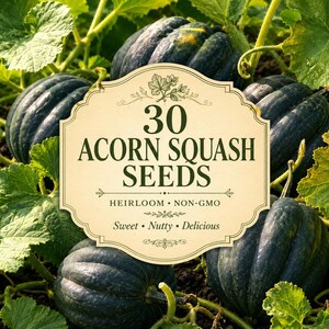 May include: A cream-coloured label with dark green text reading 30 ACORN SQUASH SEEDS, HEIRLOOM, NON-GMO, and Sweet, Nutty, Delicious, centred over a garden patch featuring several dark green, ribbed acorn squash and large green leaves.