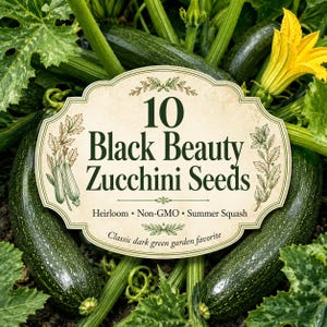 Puede incluir: Una etiqueta de paquete de semillas con el texto 10 Black Beauty Zucchini Seeds, Heirloom, Non-GMO, Summer Squash y Classic dark green garden favorite, centrada sobre calabacines verde oscuro y una flor de calabaza amarilla.