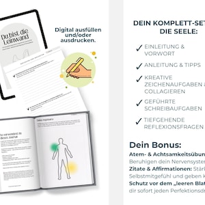 Digitales Kreatives Journal PDF mit kunsttherapeutischen Übungen, kreativen Prompts und Arbeitsblättern für intuitive Entspannung und Selbsterkenntnis. Expressives Malen und Kunsttherapie-Workbook für mentale Gesundheit, Stressabbau, Achtsamkeit und Emotionen verarbeiten. Idealer digitaler Download und Printable Journal für Selfcare, Schreibtherapie, Seelenarbeit, Psychologie-Tools, Art Journaling und persönliches Wachstum.