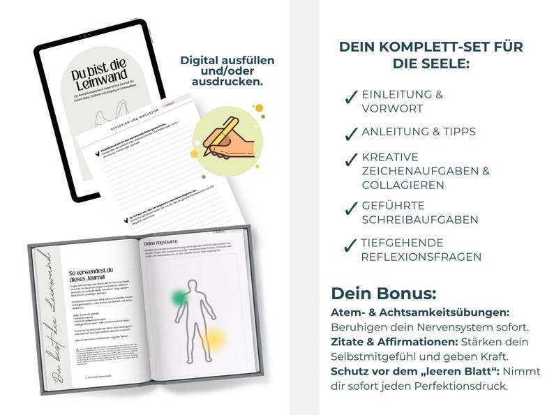 Digitales Kreatives Journal PDF mit kunsttherapeutischen Übungen, kreativen Prompts und Arbeitsblättern für intuitive Entspannung und Selbsterkenntnis. Expressives Malen und Kunsttherapie-Workbook für mentale Gesundheit, Stressabbau, Achtsamkeit und Emotionen verarbeiten. Idealer digitaler Download und Printable Journal für Selfcare, Schreibtherapie, Seelenarbeit, Psychologie-Tools, Art Journaling und persönliches Wachstum.