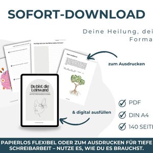 Digitales Kreatives Journal PDF mit kunsttherapeutischen Übungen, kreativen Prompts und Arbeitsblättern für intuitive Entspannung und Selbsterkenntnis. Expressives Malen und Kunsttherapie-Workbook für mentale Gesundheit, Stressabbau, Achtsamkeit und Emotionen verarbeiten. Idealer digitaler Download und Printable Journal für Selfcare, Schreibtherapie, Seelenarbeit, Psychologie-Tools, Art Journaling und persönliches Wachstum.