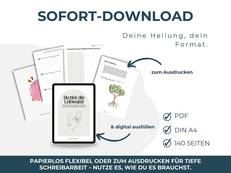 Digitales Kreatives Journal PDF mit kunsttherapeutischen Übungen, kreativen Prompts und Arbeitsblättern für intuitive Entspannung und Selbsterkenntnis. Expressives Malen und Kunsttherapie-Workbook für mentale Gesundheit, Stressabbau, Achtsamkeit und Emotionen verarbeiten. Idealer digitaler Download und Printable Journal für Selfcare, Schreibtherapie, Seelenarbeit, Psychologie-Tools, Art Journaling und persönliches Wachstum.