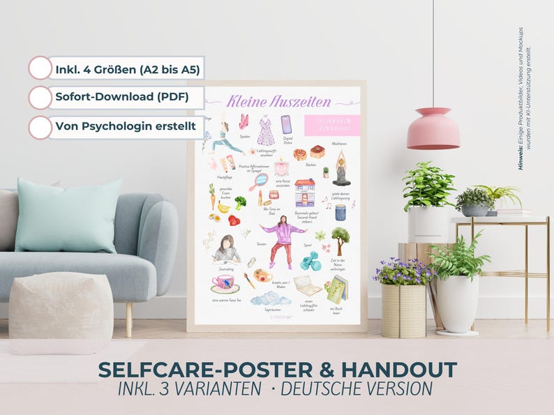 Digitales Selfcare Poster PDF auf Deutsch mit psychologischen Achtsamkeits-Tipps, Infografiken zur Mental Health und visuellen Erinnerungen für Selbstfürsorge, Stressabbau und innere Ruhe. Druckbare Wanddeko und Psychologie-Kunstdruck für Praxisräume, Therapiezimmer, Büro, Homeoffice und Schlafzimmer. Idealer digitaler Wandkunst-Download zum Ausdrucken für Psychologen, Therapeuten, Coaches, Mental Health Decor und achtsame Geschenke.