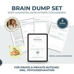 May include: A digital Brain Dump set featuring six A4 PDF pages for organization. The layout includes a tablet displaying a Brain Dump form with a colorful brain icon, surrounded by printed document sheets, a circular badge with a person, and text.