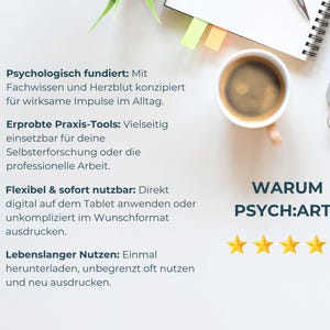 A top-down view of a coffee cup, a notebook, and a phone on a white desk, with text about the benefits of "PSYCH:ART?" and five gold stars.