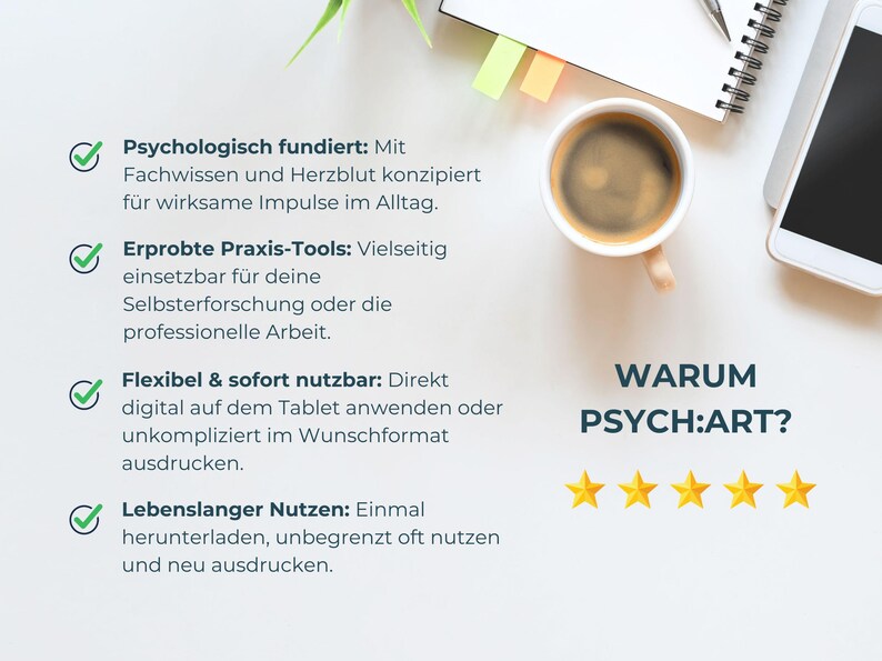 A top-down view of a coffee cup, a notebook, and a phone on a white desk, with text about the benefits of "PSYCH:ART?" and five gold stars.