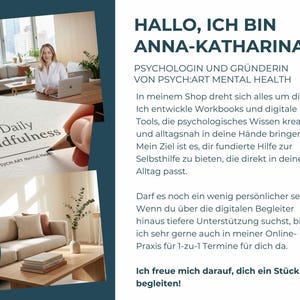 A woman sits at a desk with a laptop, a hand writes in a journal, and a living room with a couch are shown, with text introducing "Anna-Katharina" and her work.