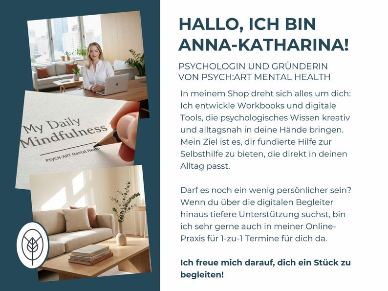 A woman sits at a desk with a laptop, a hand writes in a journal, and a living room with a couch are shown, with text introducing "Anna-Katharina" and her work.