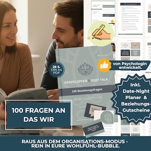 Puede incluir: Un conjunto de productos digitales titulado Herzklopfen & Deep Talk que contiene 100 preguntas sobre relaciones en formato PDF A4 de 28 páginas. Incluye un planificador de citas y vales de relación, desarrollados por un psicólogo.