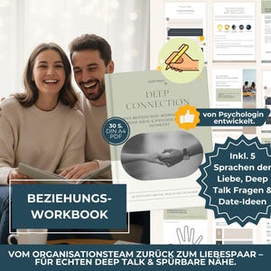 Könnte beinhalten: Ein digitales Beziehungs-Workbook mit dem Titel Deep Connection, mit hellgrünem Einband und einem Schwarz-Weiß-Foto von sich haltenden Händen. Das Workbook umfasst 30 Seiten im A4-PDF-Format und enthält Themen wie Liebessprachen, Deep-Talk-Fragen und Date-Ideen.