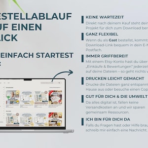 A laptop displaying an Etsy shop page with various digital products, next to text outlining the steps for ordering and downloading digital items.