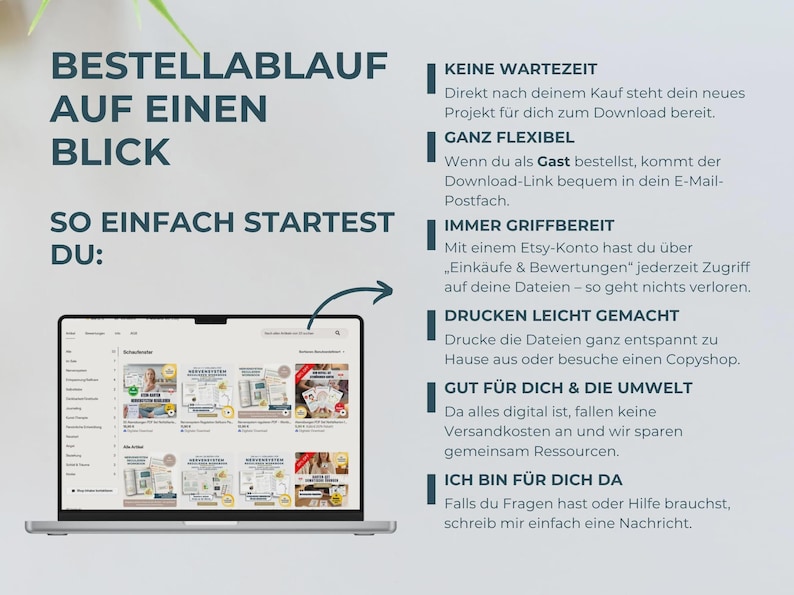 A laptop displaying an Etsy shop page with various digital products, next to text outlining the steps for ordering and downloading digital items.