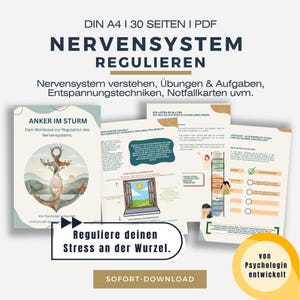 Puede incluir: Un cuaderno de trabajo digital titulado "NERVENSYSTEM REGULIEREN" con el texto "DIN A4 | 30 SEITEN I PDF". La imagen incluye páginas con ilustraciones y texto sobre el sistema nervioso, el manejo del estrés y las técnicas de relajación. La frase "Reguliere deinen Stress an der Wurzel" también es visible.