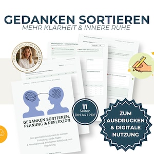 Könnte beinhalten: Ein Mental-Health-Arbeitsbuch und Planer-Set mit weißen Seiten, schwarzem Text und blauen Grafiken von zwei Silhouetten mit verbundenen Gehirn-Kritzeleien. Das Cover enthält den Text GEDANKEN SORTIEREN, PLANUNG & REFLEXION. Es umfasst 11 Seiten im A4-Format.