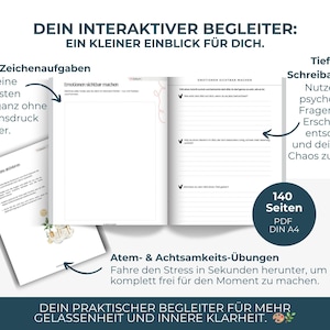 Digitales Kreatives Journal PDF mit kunsttherapeutischen Übungen, kreativen Prompts und Arbeitsblättern für intuitive Entspannung und Selbsterkenntnis. Expressives Malen und Kunsttherapie-Workbook für mentale Gesundheit, Stressabbau, Achtsamkeit und Emotionen verarbeiten. Idealer digitaler Download und Printable Journal für Selfcare, Schreibtherapie, Seelenarbeit, Psychologie-Tools, Art Journaling und persönliches Wachstum.