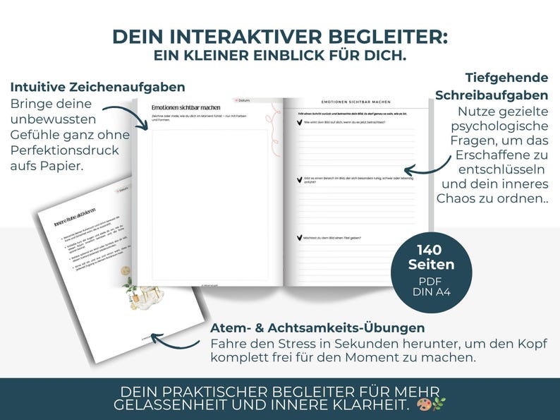 Digitales Kreatives Journal PDF mit kunsttherapeutischen Übungen, kreativen Prompts und Arbeitsblättern für intuitive Entspannung und Selbsterkenntnis. Expressives Malen und Kunsttherapie-Workbook für mentale Gesundheit, Stressabbau, Achtsamkeit und Emotionen verarbeiten. Idealer digitaler Download und Printable Journal für Selfcare, Schreibtherapie, Seelenarbeit, Psychologie-Tools, Art Journaling und persönliches Wachstum.