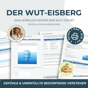 May include: A digital and printable document set titled Der Wut-Eisberg, featuring a psychological model of emotions with an iceberg graphic, analysis worksheets, and a section for understanding feelings and unmet needs, presented in a professional layout.