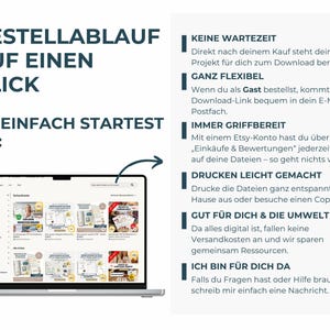 A laptop screen displays an online shopping cart, with text on the left detailing the steps for purchasing and downloading the product.