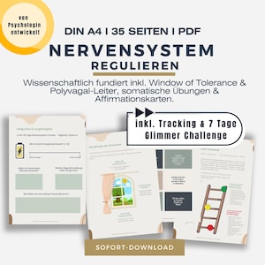 Puede incluir: Un documento PDF digital titulado "NERVENSYSTEM REGULIEREN" en azul oscuro. Contiene texto e ilustraciones sobre el sistema nervioso, con las palabras "Window of Tolerance" y "Glimmer Challenge". Diseñado por una psicóloga, tamaño A4, 35 páginas.