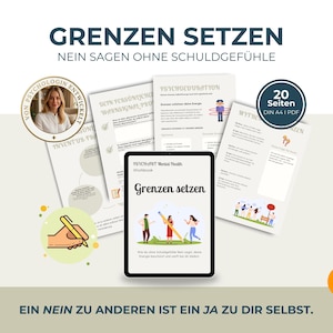 Könnte beinhalten: Ein digitales Arbeitsbuch mit dem Titel 'Grenzen setzen', dargestellt auf einem Tablet und mehreren A4-Seiten. Das Design enthält Illustrationen von Personen, eine Hand mit Stift und deutschen Text. Ein runder Button zeigt 20 Seiten als PDF an.