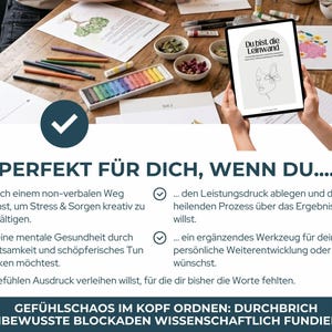 Digitales Kreatives Journal PDF mit kunsttherapeutischen Übungen, kreativen Prompts und Arbeitsblättern für intuitive Entspannung und Selbsterkenntnis. Expressives Malen und Kunsttherapie-Workbook für mentale Gesundheit, Stressabbau, Achtsamkeit und Emotionen verarbeiten. Idealer digitaler Download und Printable Journal für Selfcare, Schreibtherapie, Seelenarbeit, Psychologie-Tools, Art Journaling und persönliches Wachstum.