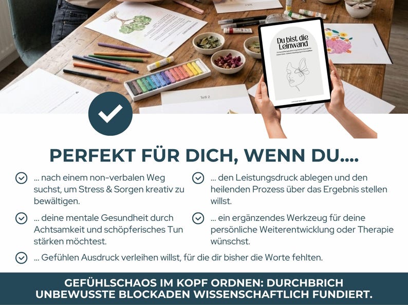 Digitales Kreatives Journal PDF mit kunsttherapeutischen Übungen, kreativen Prompts und Arbeitsblättern für intuitive Entspannung und Selbsterkenntnis. Expressives Malen und Kunsttherapie-Workbook für mentale Gesundheit, Stressabbau, Achtsamkeit und Emotionen verarbeiten. Idealer digitaler Download und Printable Journal für Selfcare, Schreibtherapie, Seelenarbeit, Psychologie-Tools, Art Journaling und persönliches Wachstum.