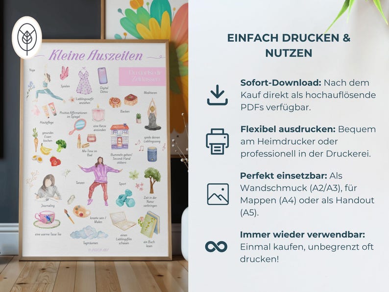 Digitales Selfcare Poster PDF auf Deutsch mit psychologischen Achtsamkeits-Tipps, Infografiken zur Mental Health und visuellen Erinnerungen für Selbstfürsorge, Stressabbau und innere Ruhe. Druckbare Wanddeko und Psychologie-Kunstdruck für Praxisräume, Therapiezimmer, Büro, Homeoffice und Schlafzimmer. Idealer digitaler Wandkunst-Download zum Ausdrucken für Psychologen, Therapeuten, Coaches, Mental Health Decor und achtsame Geschenke.